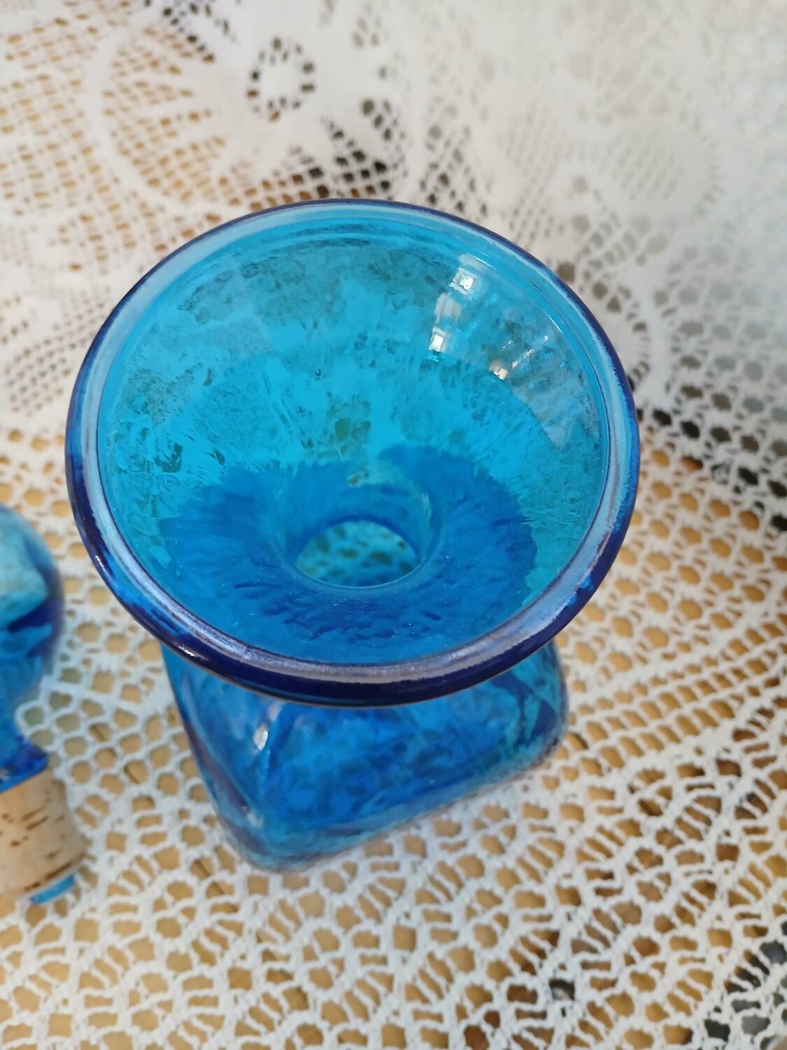Blue embossed glass carafe