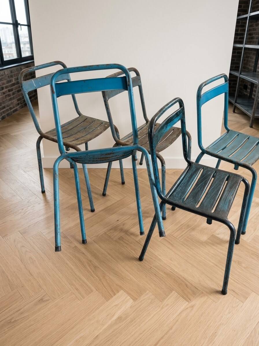 Set of 15 vintage industrial metal chairs from the 1950s.