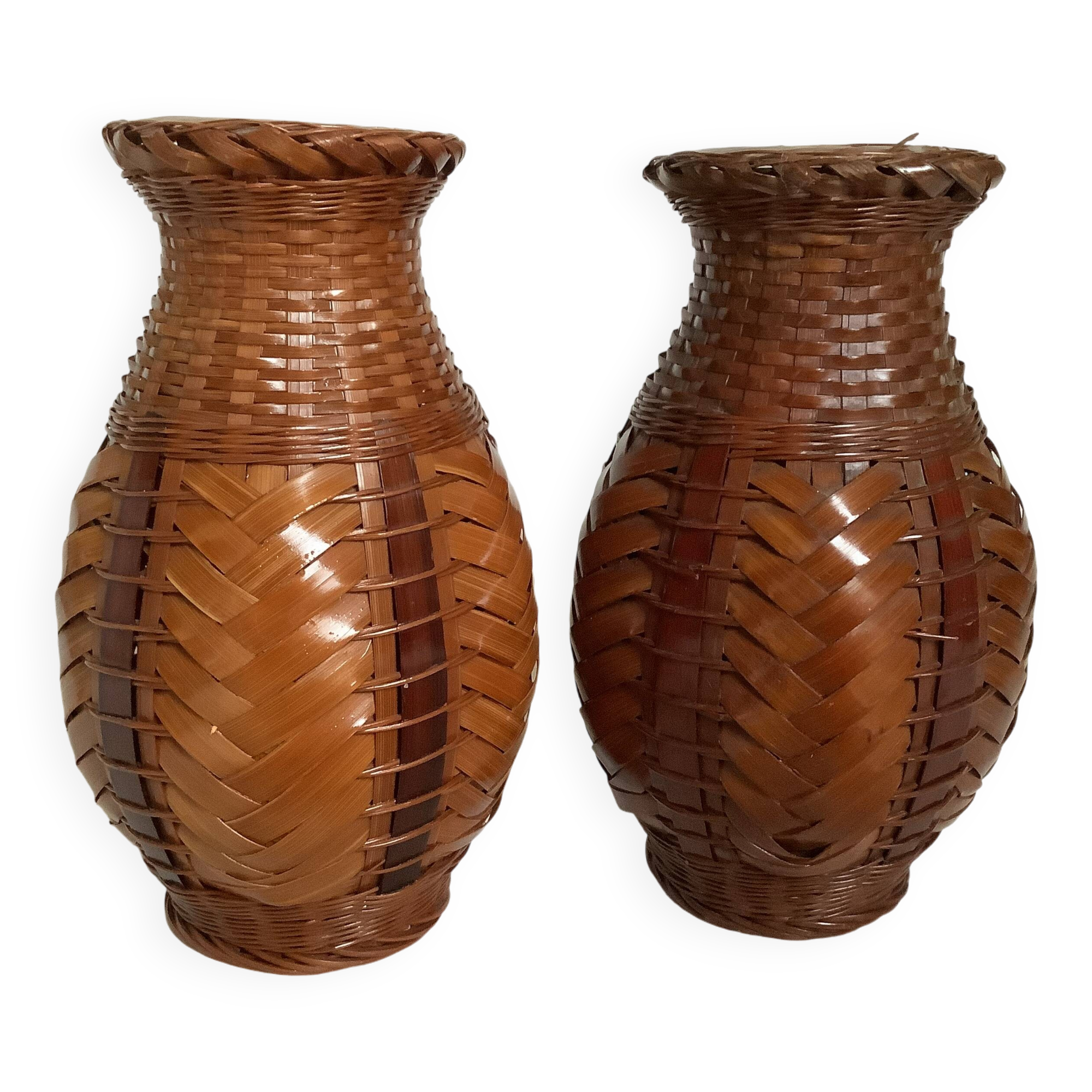 Pair of small woven vases in wicker rattan straw