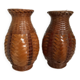 Pair of small woven vases in wicker rattan straw