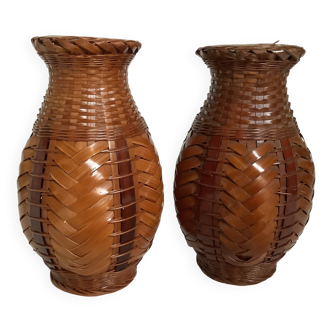 Pair of small woven vases in wicker rattan straw