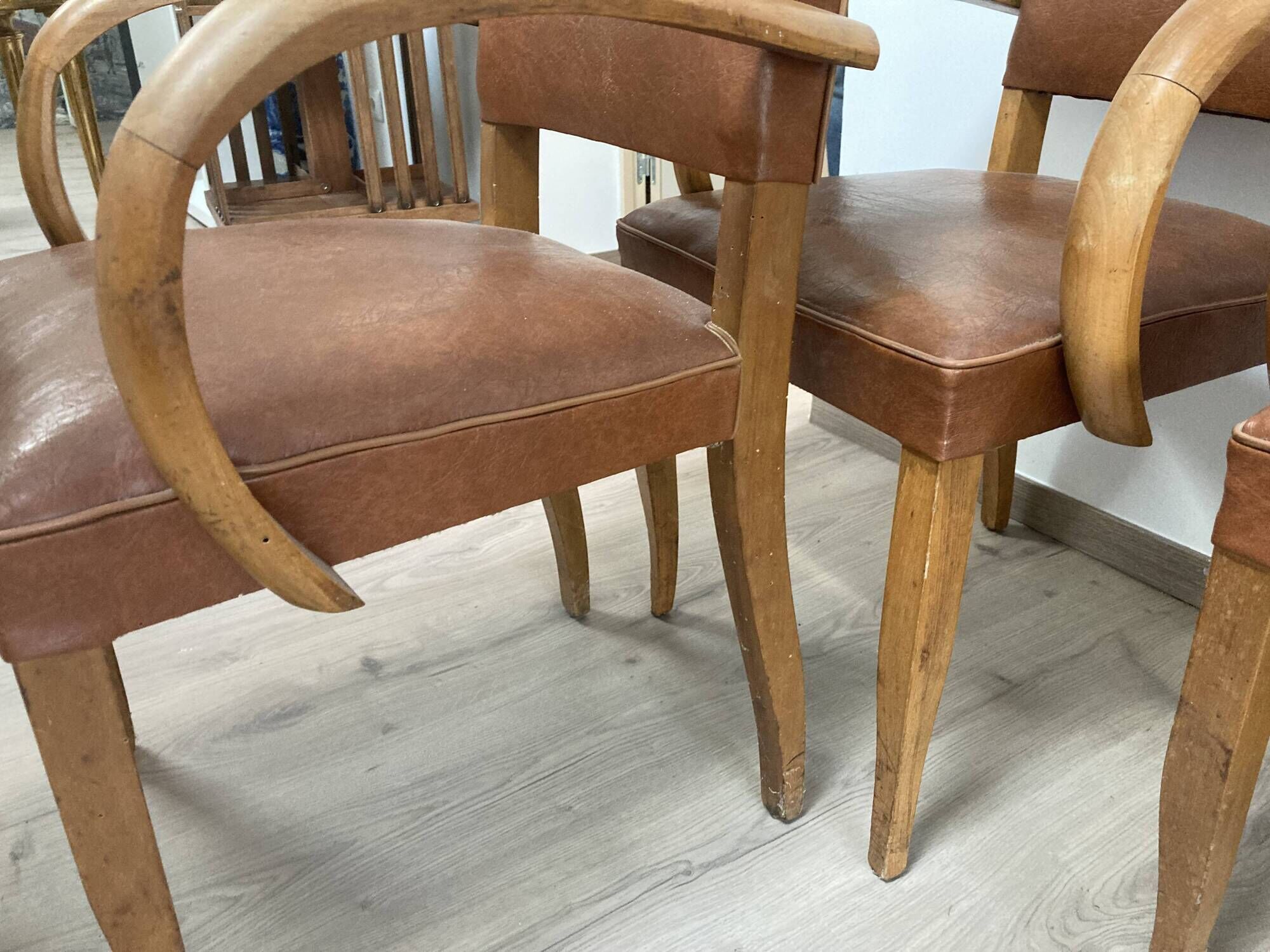 Set of 4 armchairs bridge leather and wood called "moustache" style art deco circa 1940