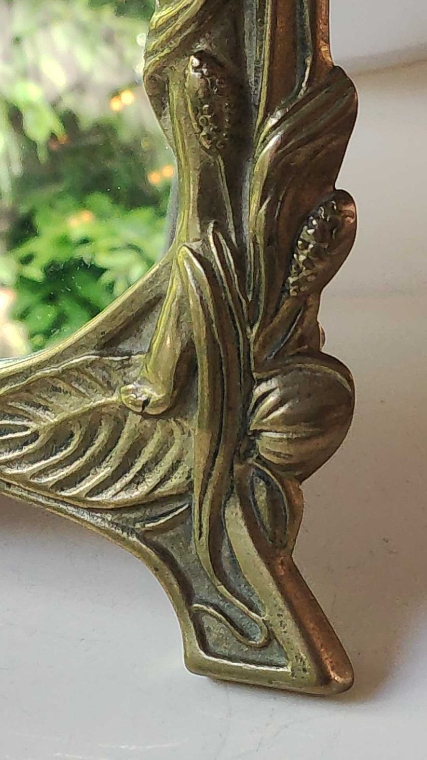 Brass table mirror, art nouveau, lady figurine/foliage, wheat ears