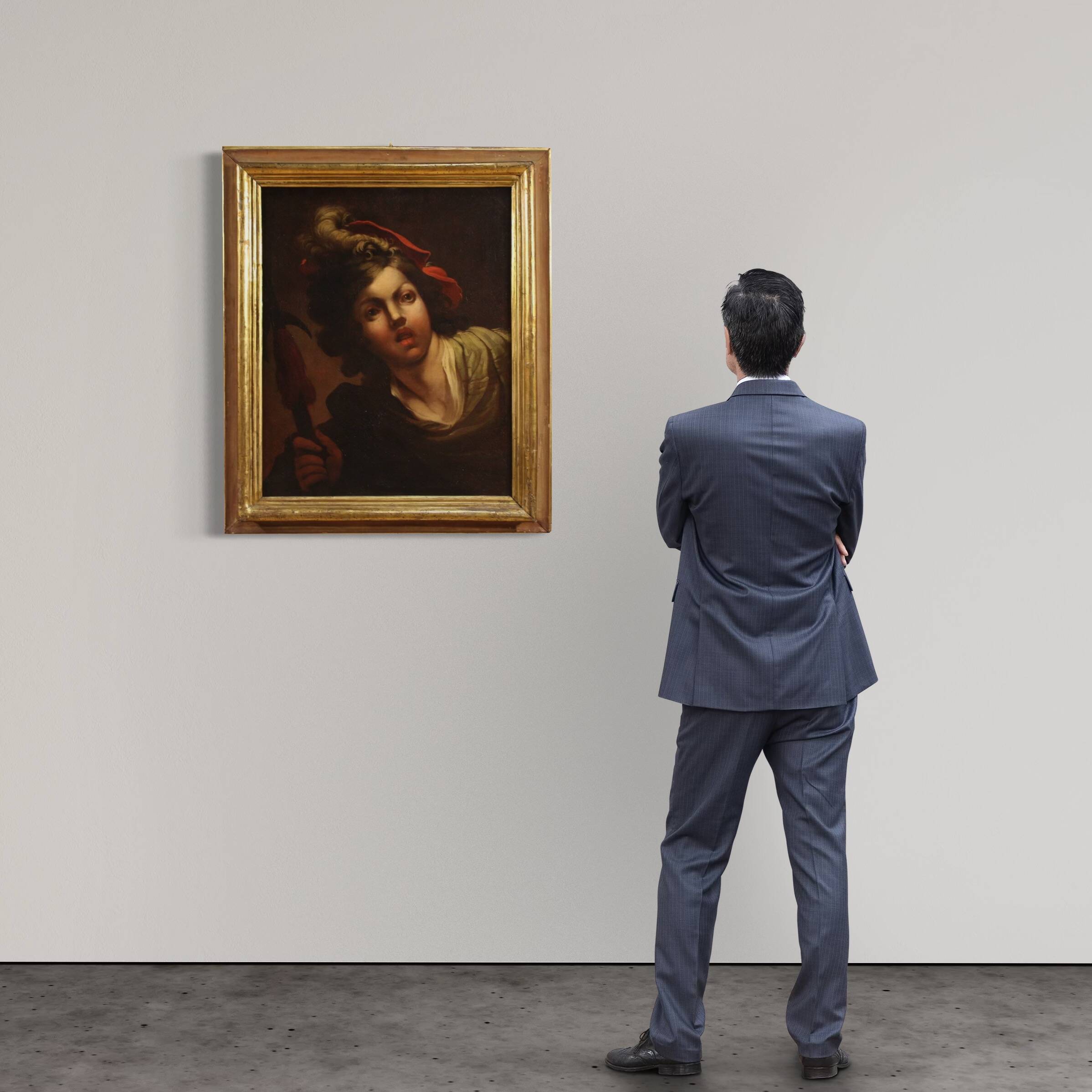 Antique French painting from the 18th century, portrait of a soldier