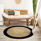 Jute carpet and round cotton black beige 120 cm
