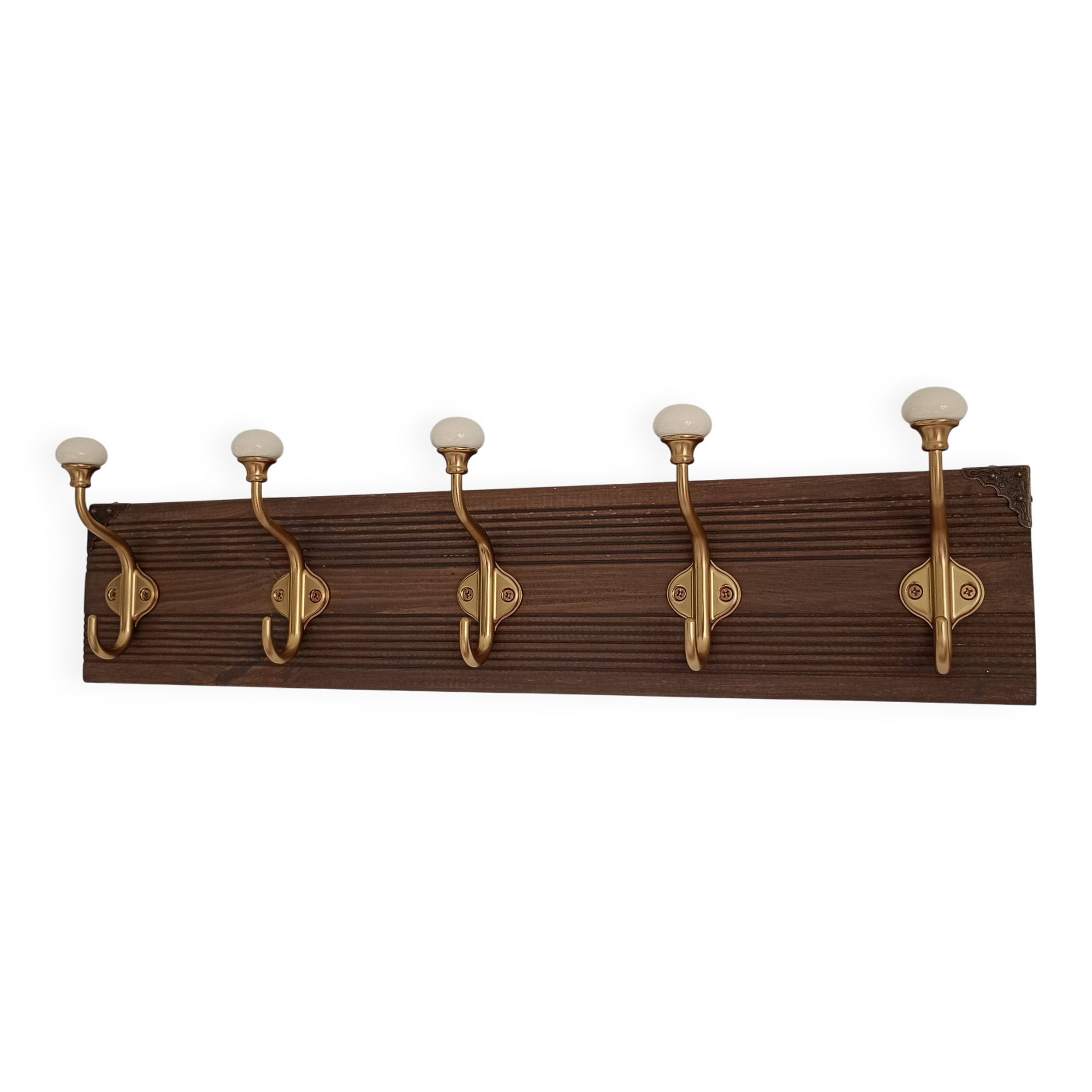 Vintage wall coat rack – 57 cm – 5 metal and ceramic hooks