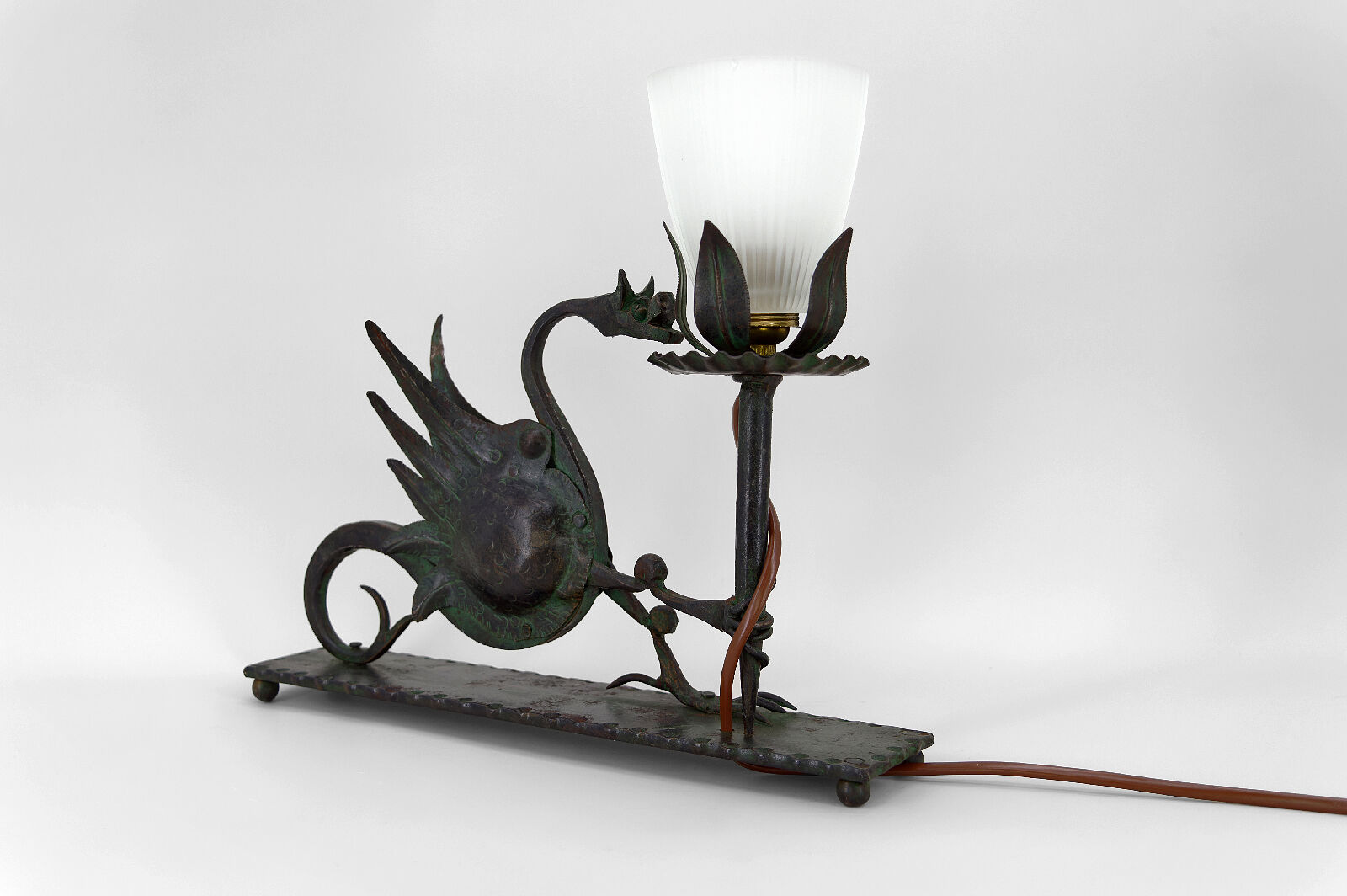 Wrought iron dragon table lamp, circa 1900