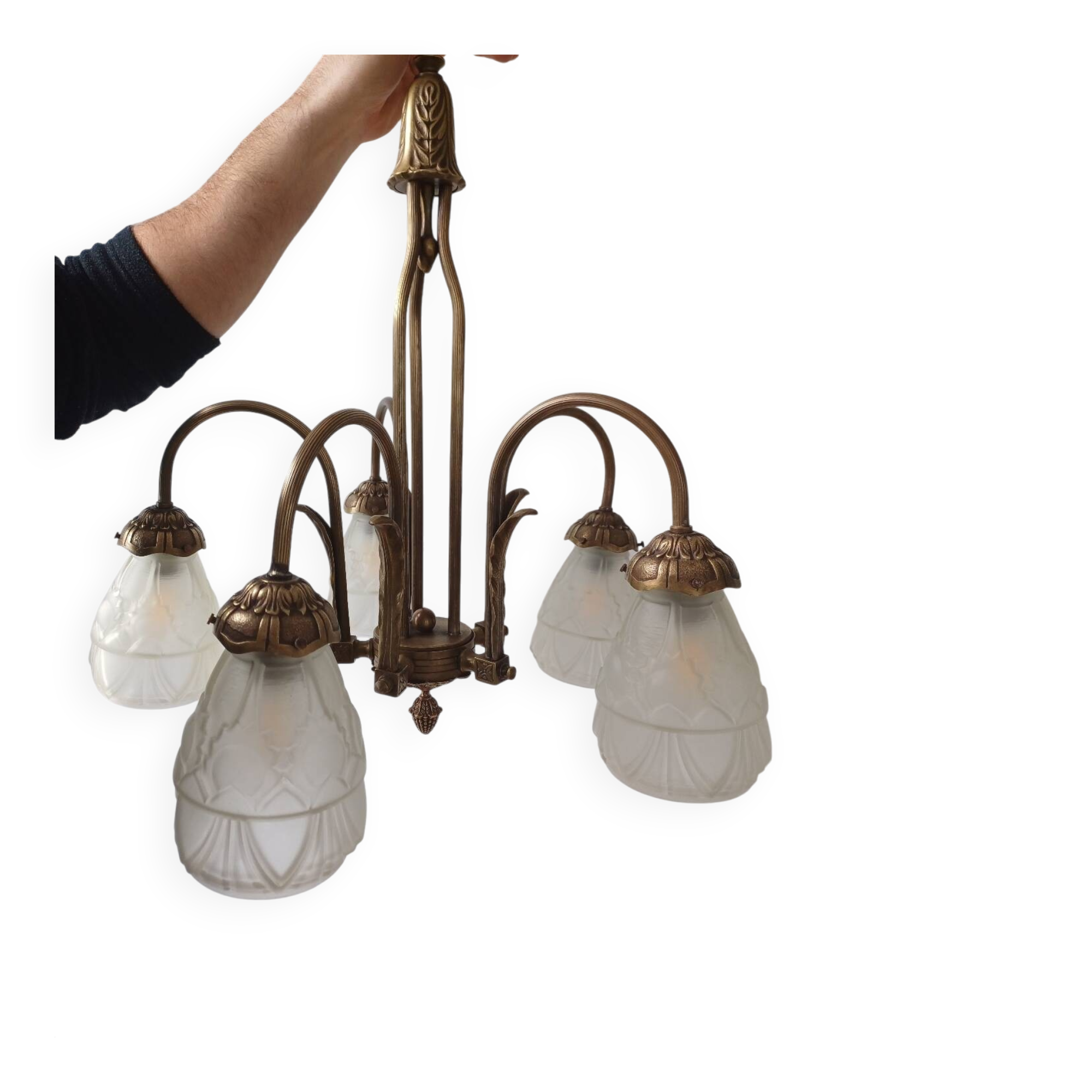 Art deco bronze chandelier with 5 tulips.