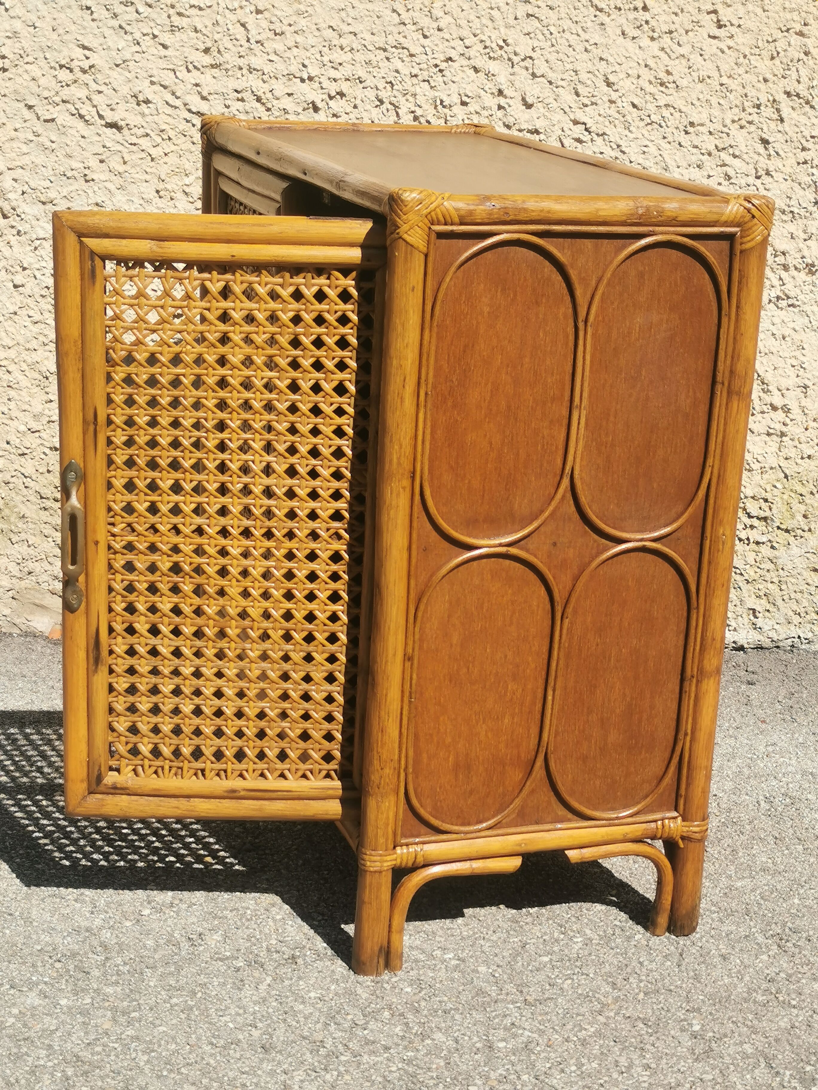 Vintage wood and rattan chest of drawers