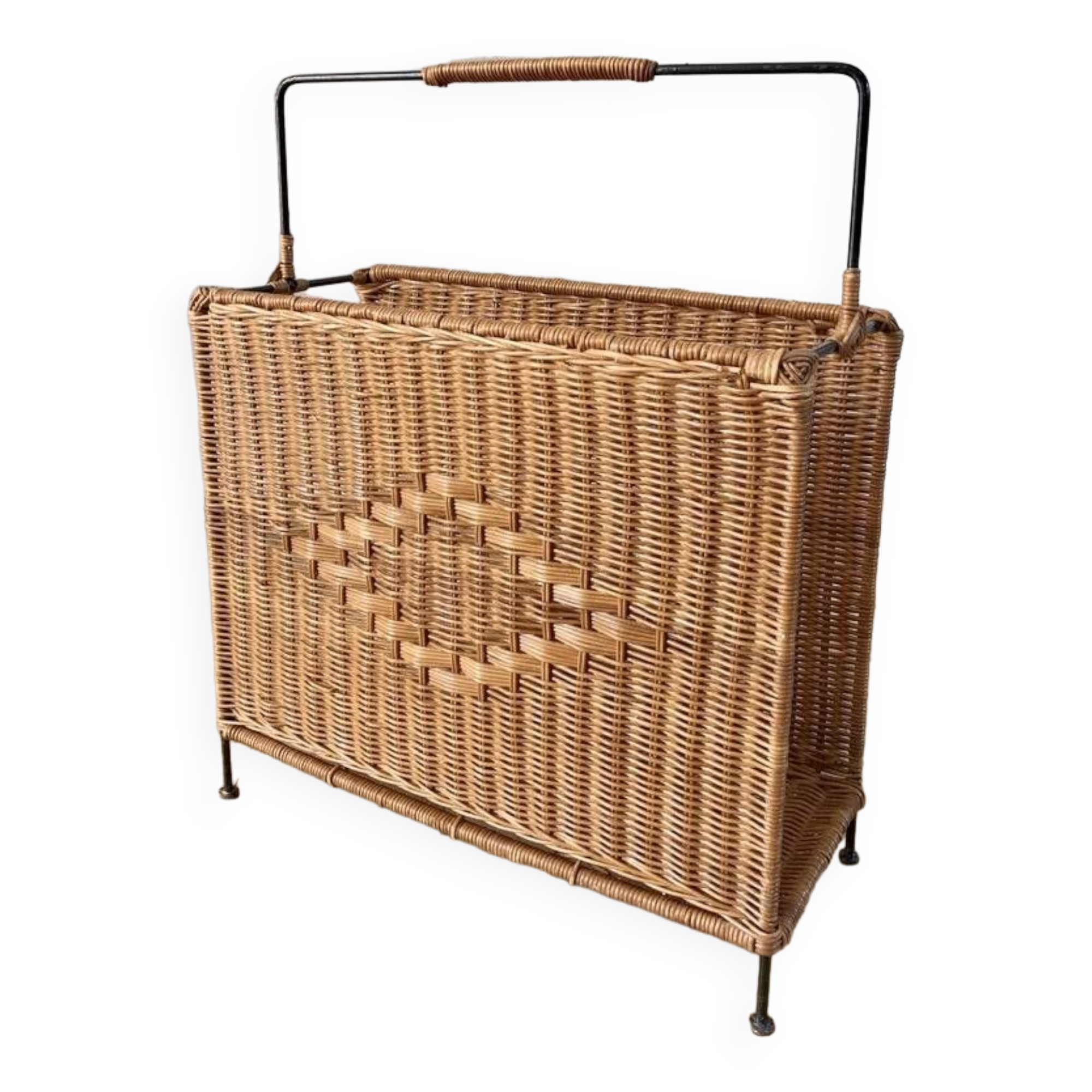 large wicker / rattan and black iron magazine rack from the 70s