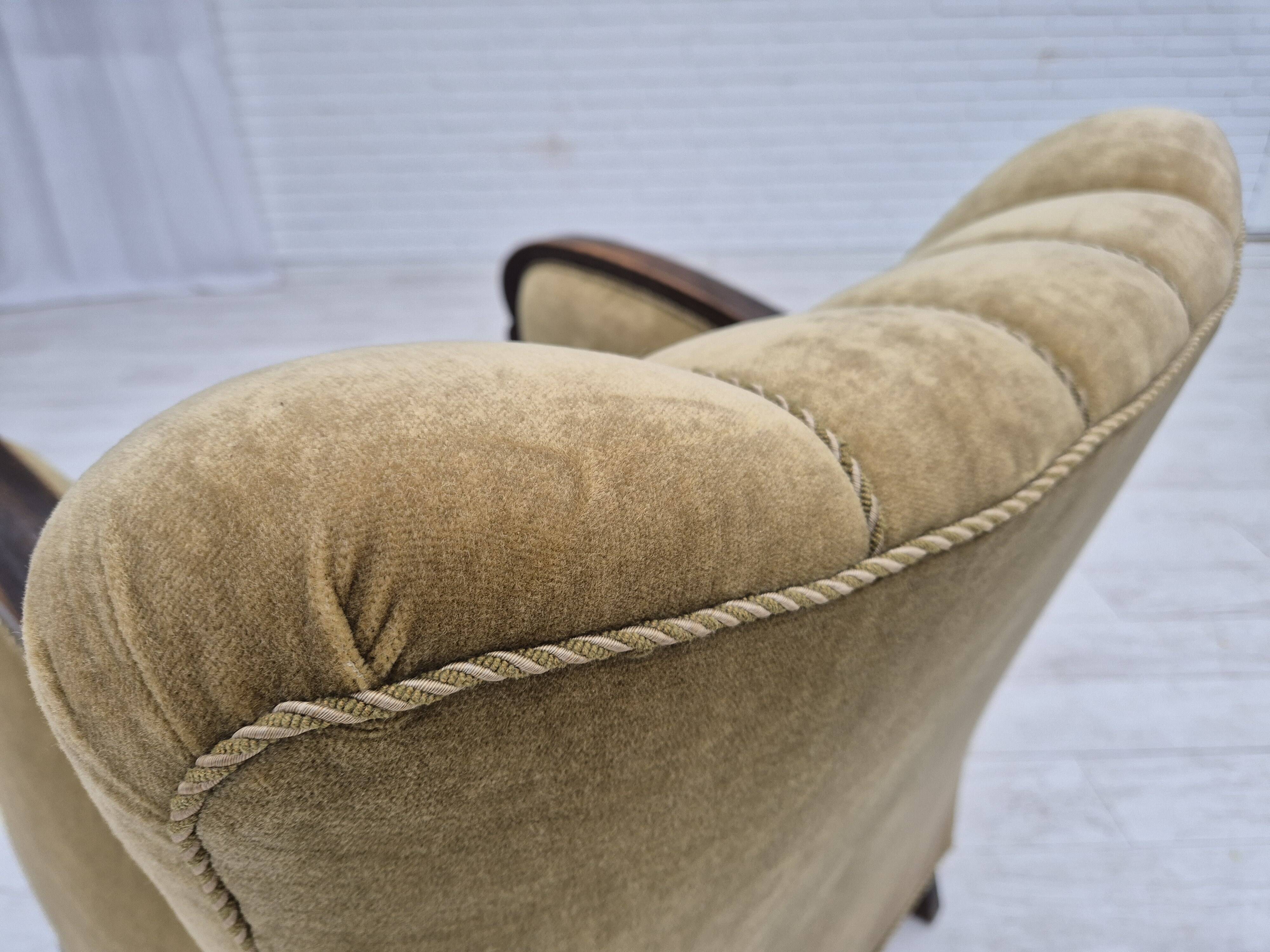 1950s, Danish relax armchair, green furniture velour, beech wood.
