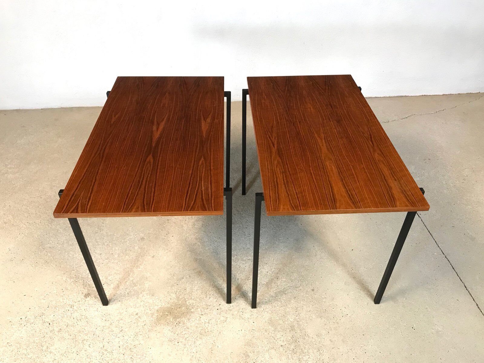Minimalist walnut & steel stacking side tables, 1960s, Set of 2