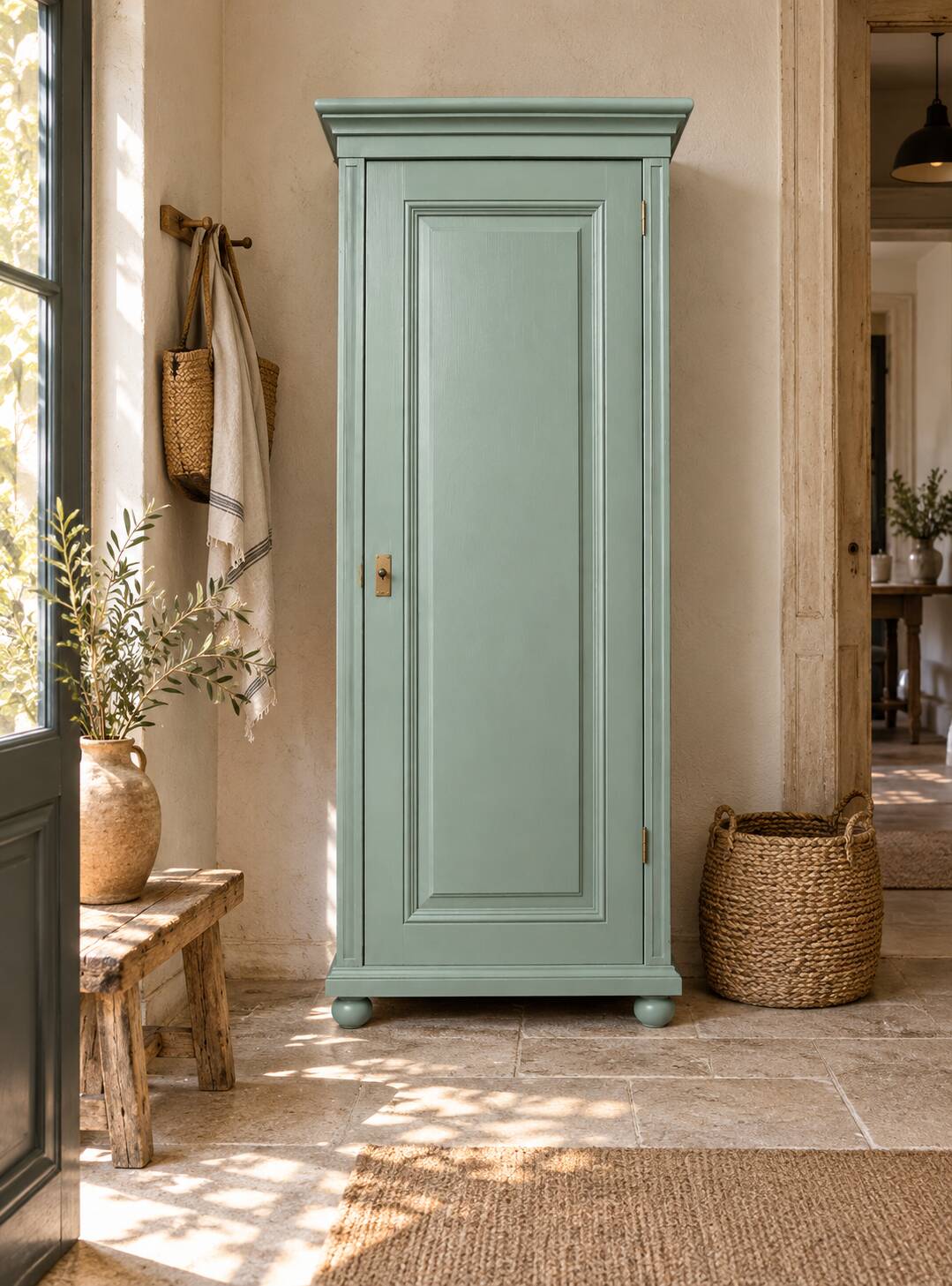 Parisian bonnetière, solid pine, Art Deco, renovated, grey-green.