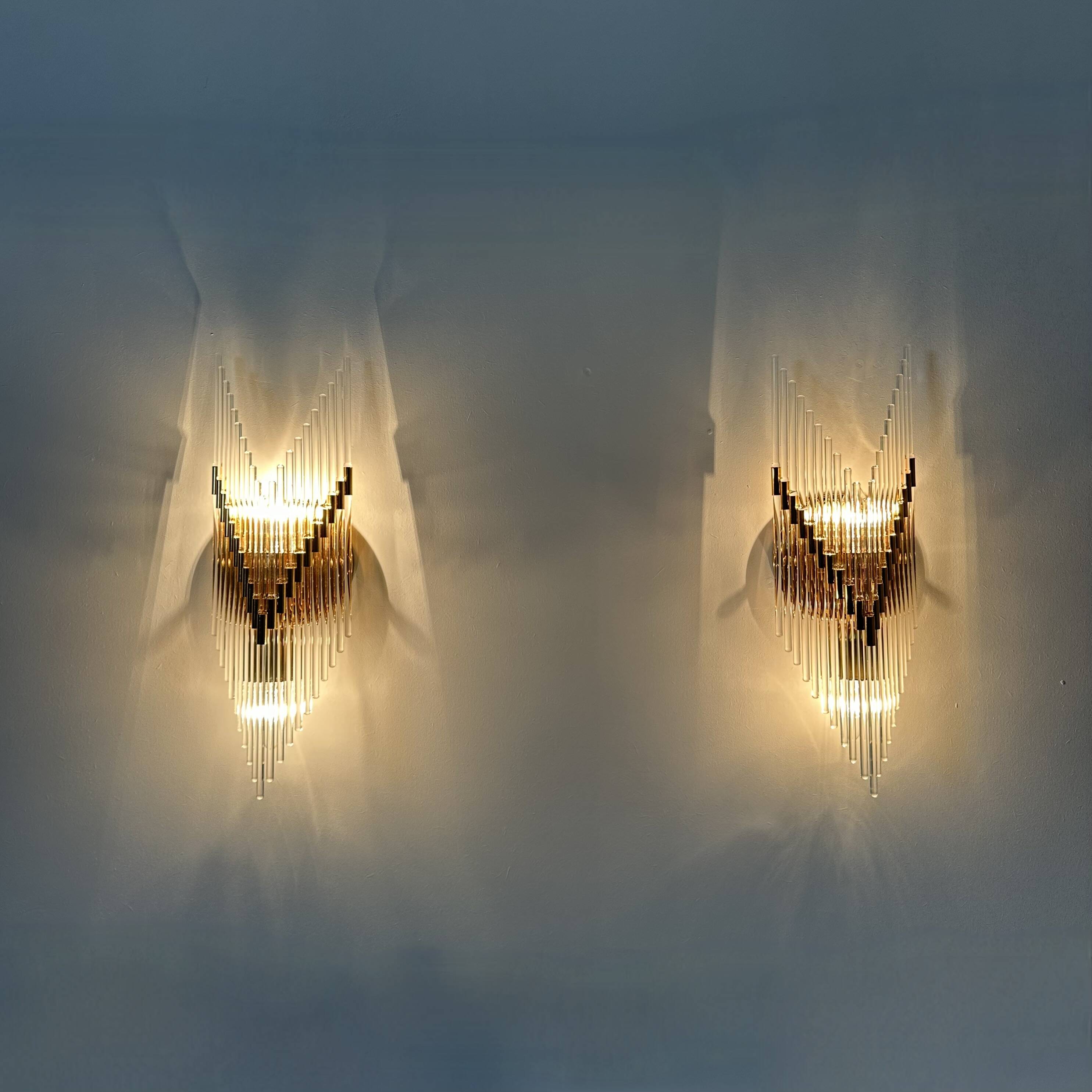 Set of 2 crystal glass rods wall lamps , 1970s