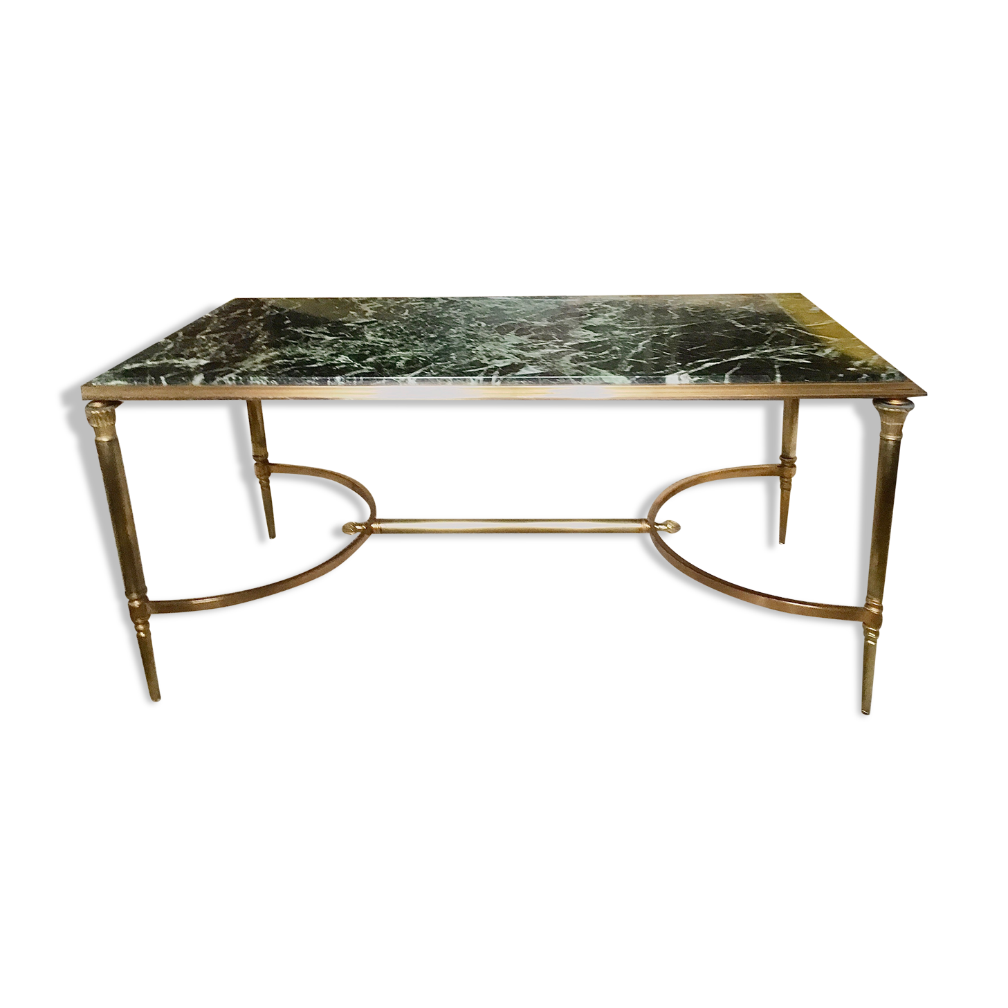 Gold bronze and marble coffee table, tapered feet decorated with Egyptian capitals