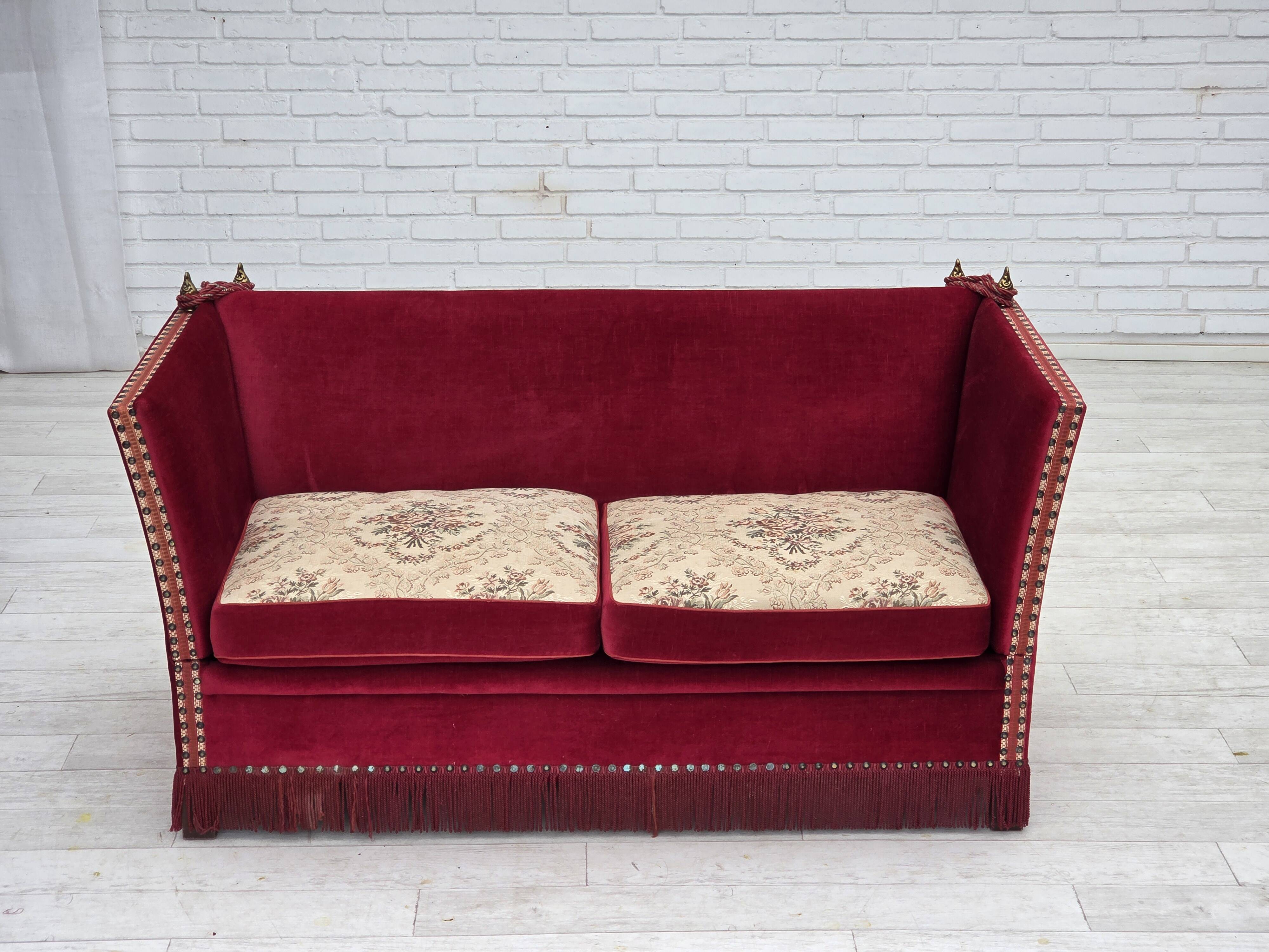 1970s, Danish "Spanish" sofa, furniture velour, ash wood legs.
