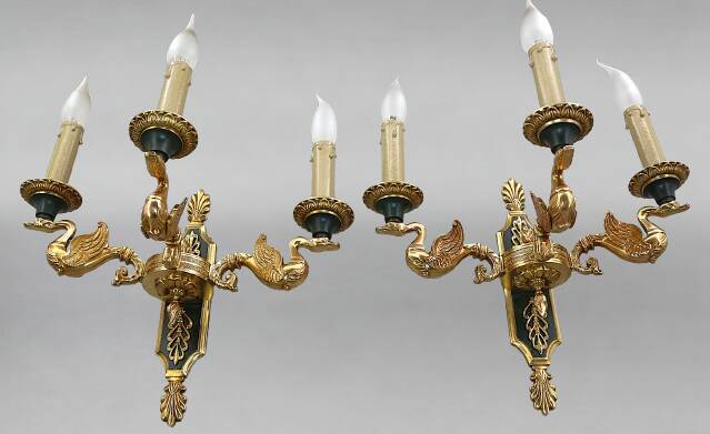 Pair of gold bronze wall lights in Empire style with three lights "Lucien Gau"