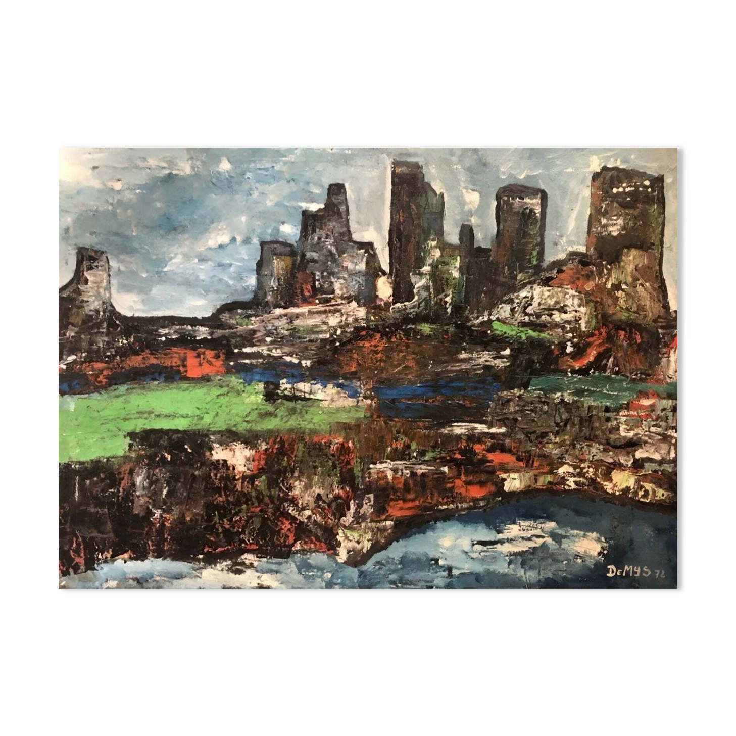 1970s Signed French Abstract Cityscape Oil on Canvas – Demys