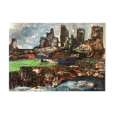 1970s Signed French Abstract Cityscape Oil on Canvas – Demys