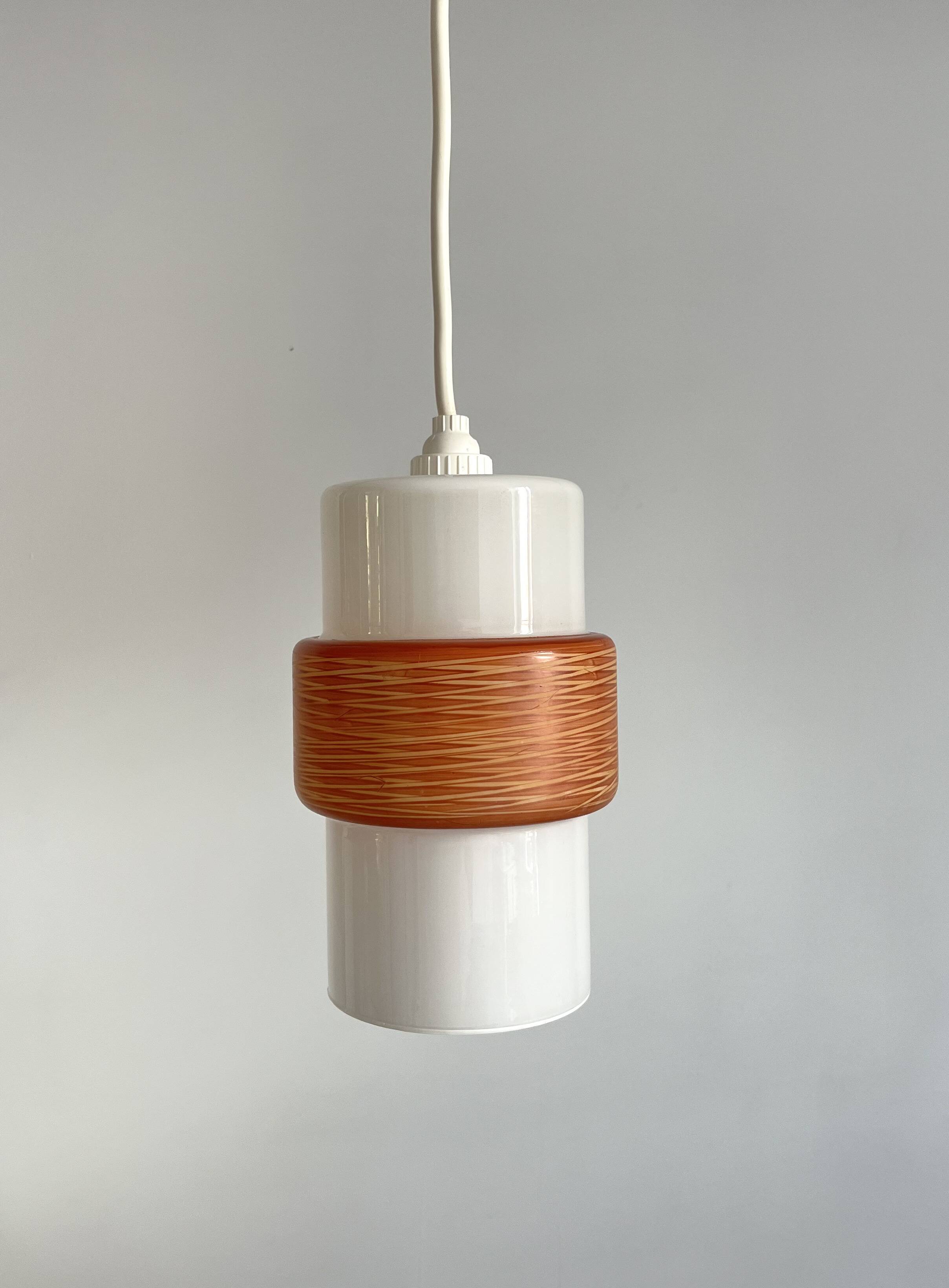 Sputnik pendant light, dark orange ring on white tube