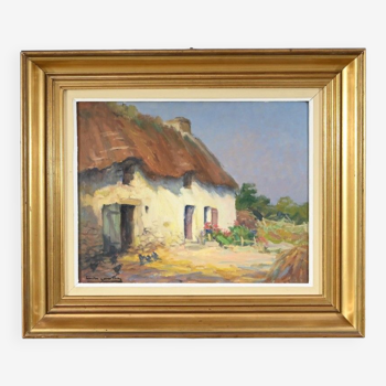 Huile sur Bois « Maison en Brière », signée E.gautier – 1955