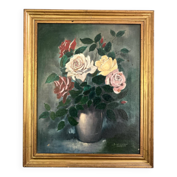 Tableau Ancien "Nature Morte aux Roses" – 1950