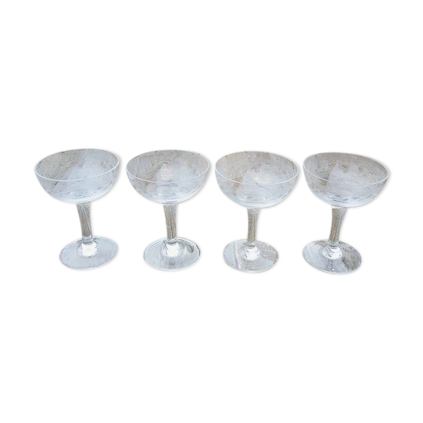 4 Antique Glass Champagne Coupes with Ribbon Pattern