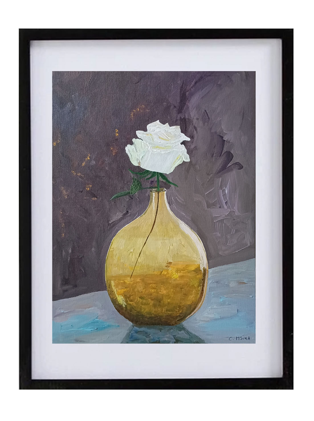 Painting, White rose in translucent ocher vase