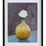 Tableau, Rose blanche au vase ocre translucide