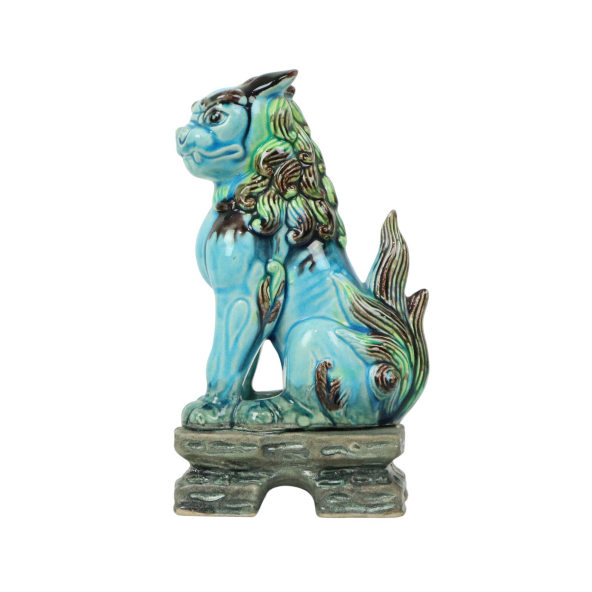 Vintage Chinese Komainu Guardian Lion Foo Dog Blue 19cm