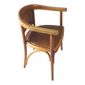 Art-deco curved wood armchair fischel n° e/60 from 1930 leather seat