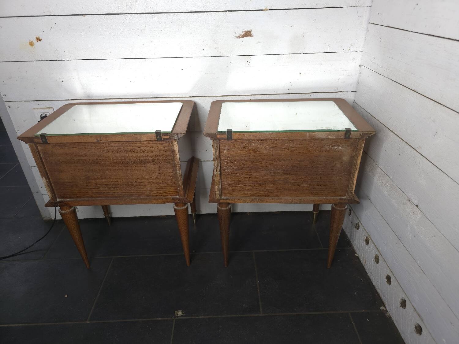 Pair of vintage oak bedside tables with mirror top