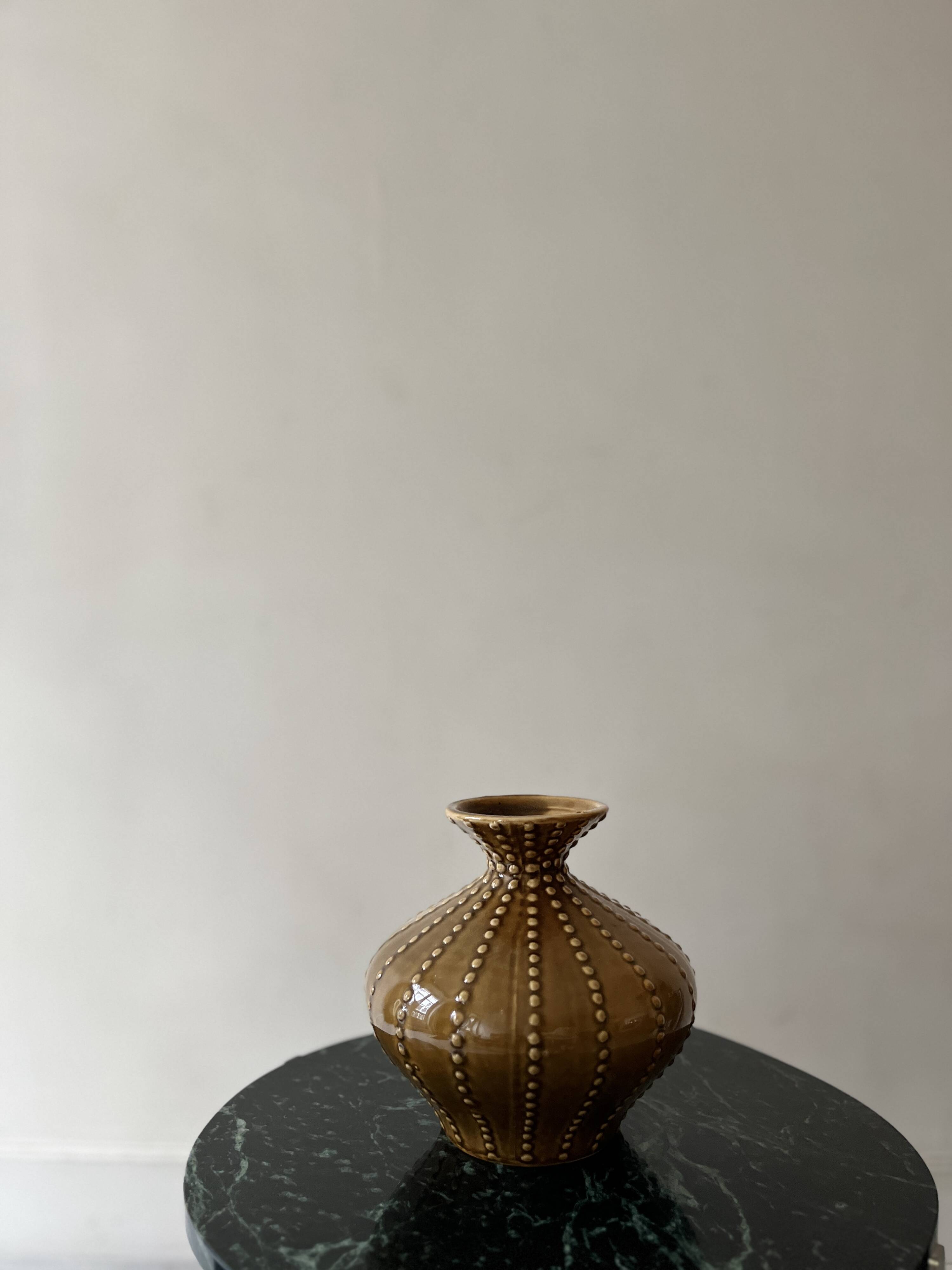 pear-shaped vase in ocher enameled ceramic and pearls