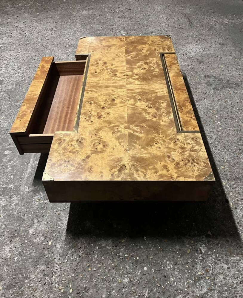 Elm burl coffee table with integrated drawers, Roche Bobois 1970