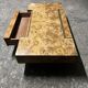 Table basse en loupe d'orme, tiroirs intégrés, Roche Bobois 1970
