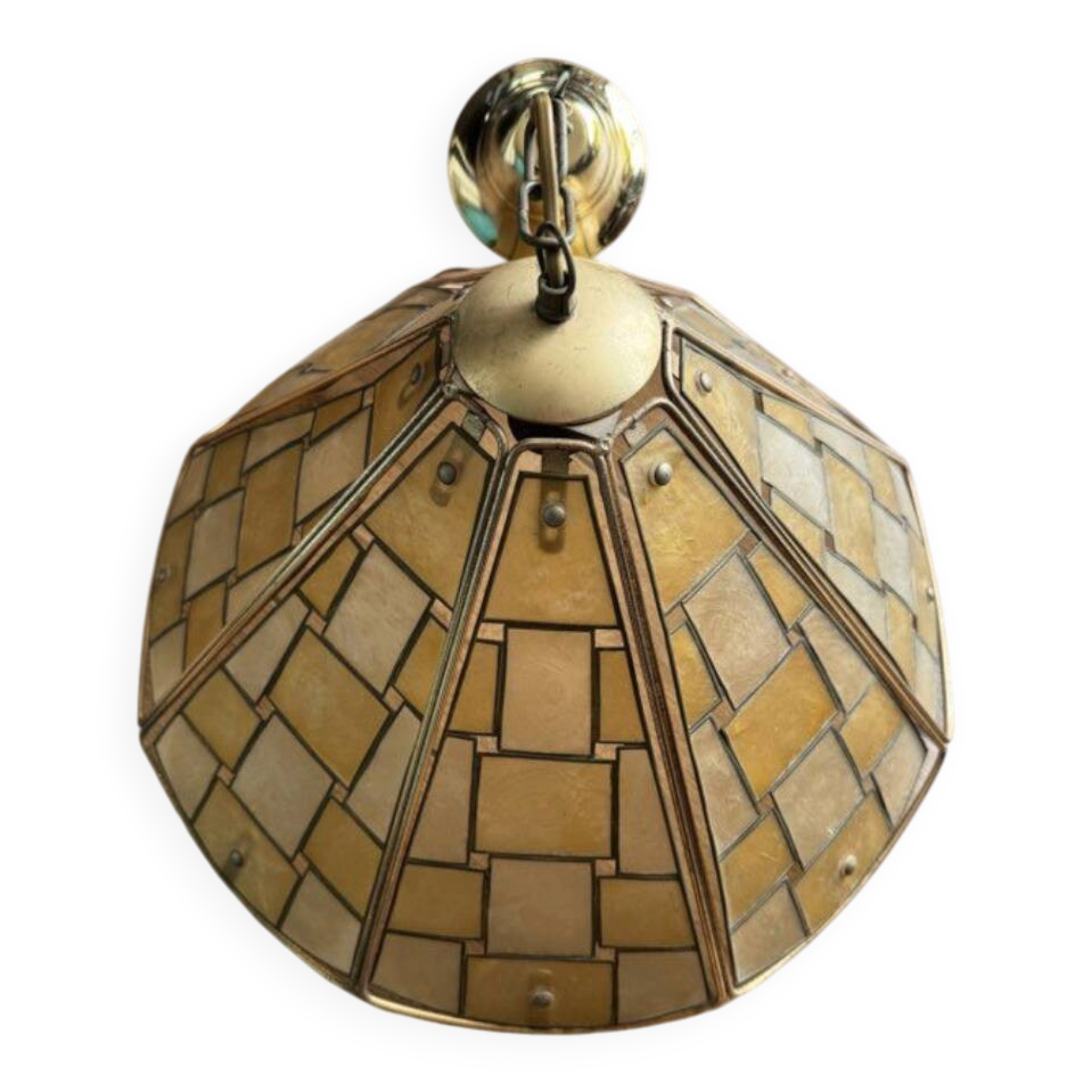 Lustre luminaire nacre vitrail laiton vintage