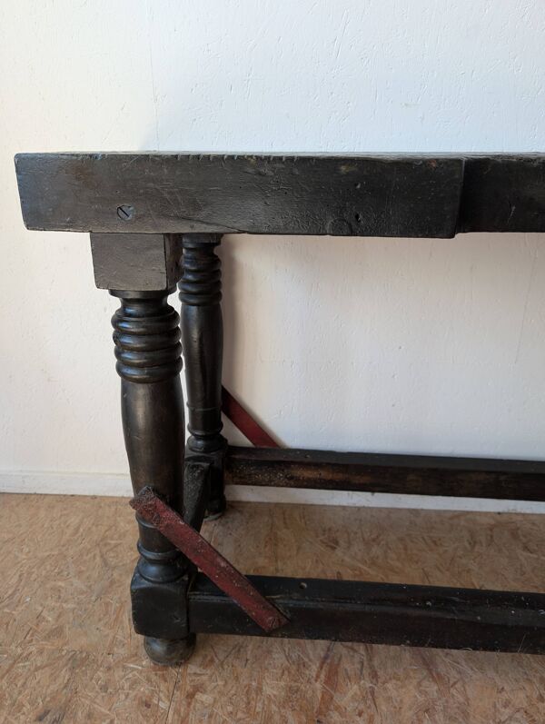 Console / ancien établi bijoutier bois massif, pieds tournés