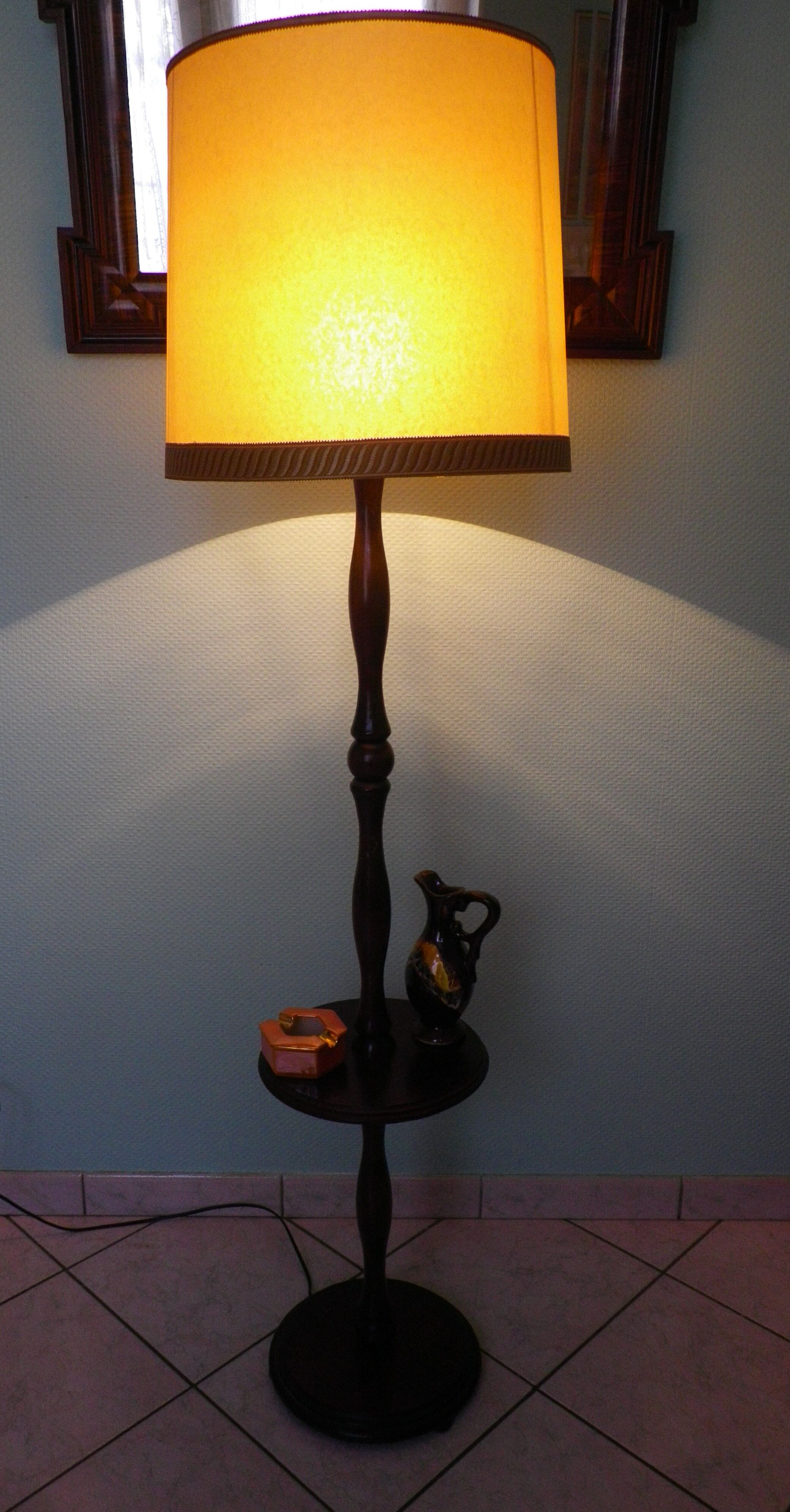 Wooden 1960s lamppost with large lampshade