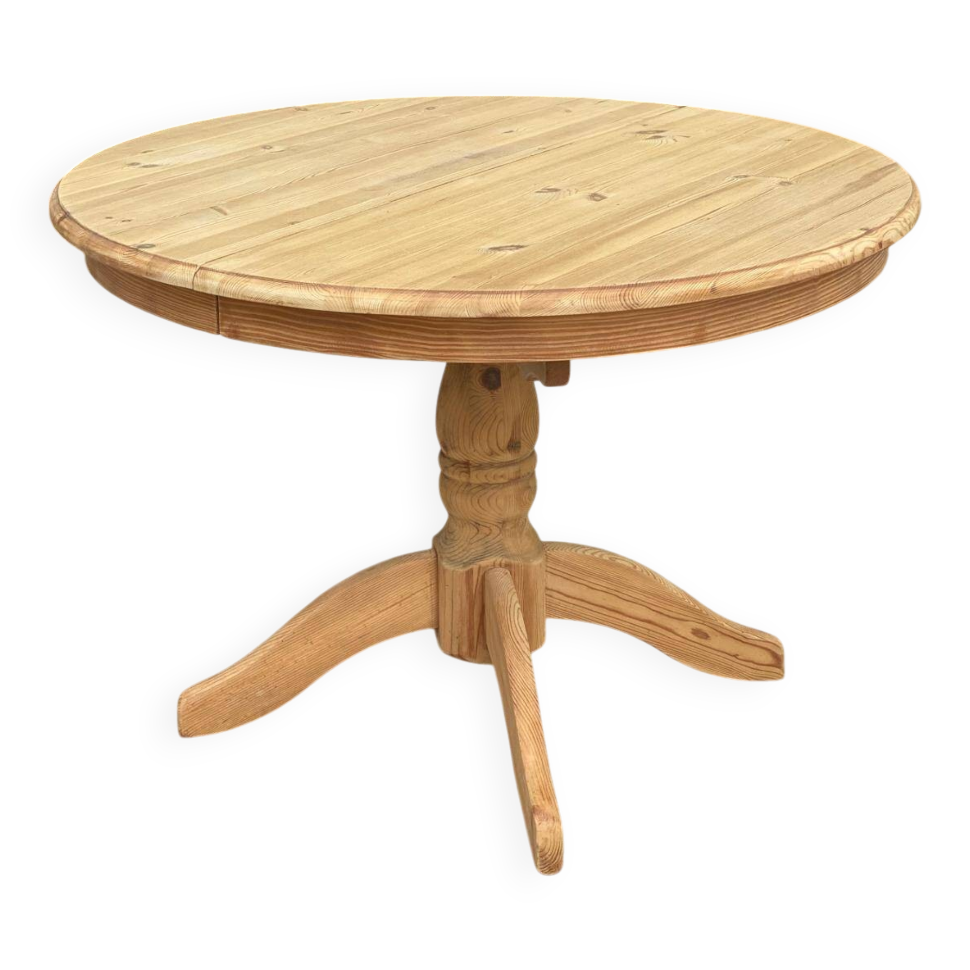 Extendable oval round table with central leg, renovated in raw solid wood, 105cm