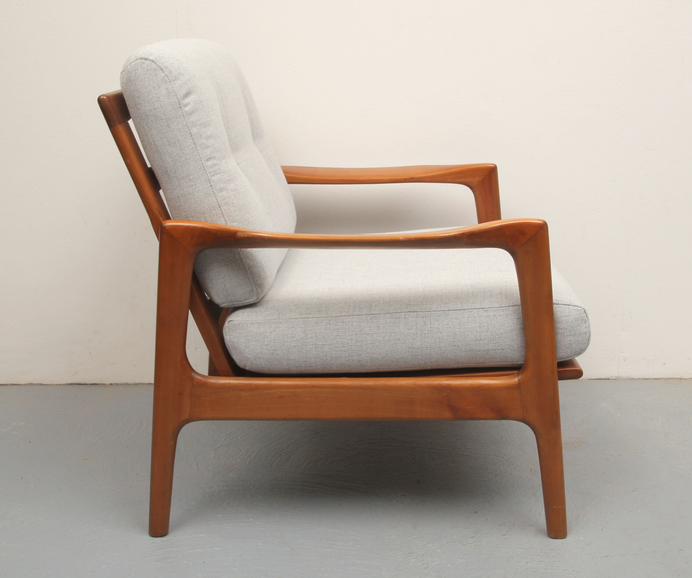 1960s armchair in cherrywood, light grey with green cushion