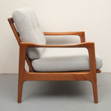 1960s armchair in cherrywood, light grey with green cushion