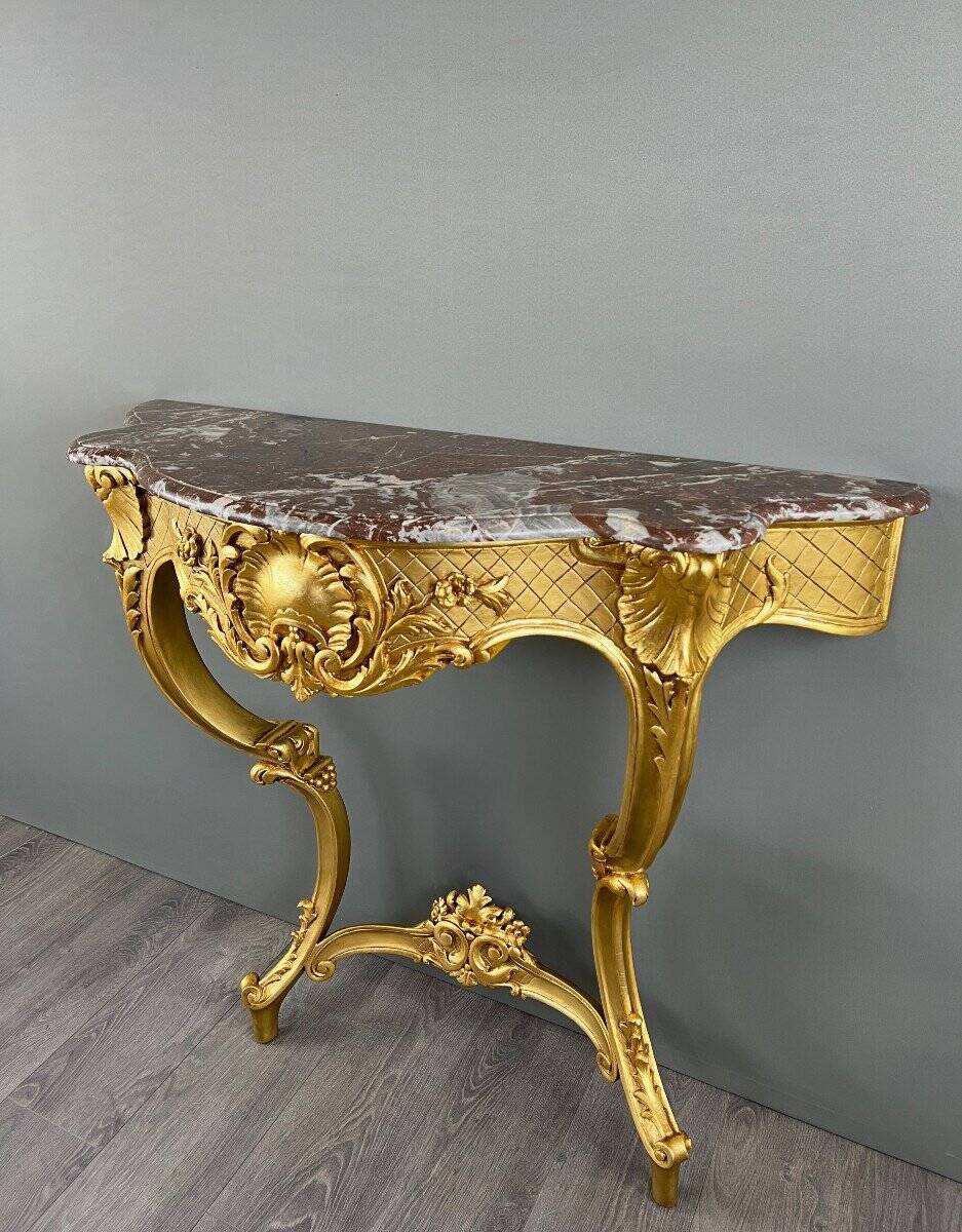 Louis XV Style Wall Console in Gilded Wood and Marble, 19th Century