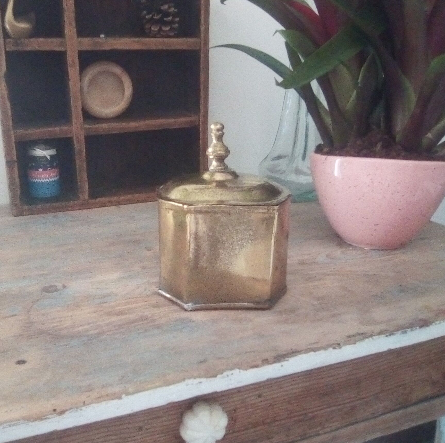 Old, oriental tea box in gilded copper