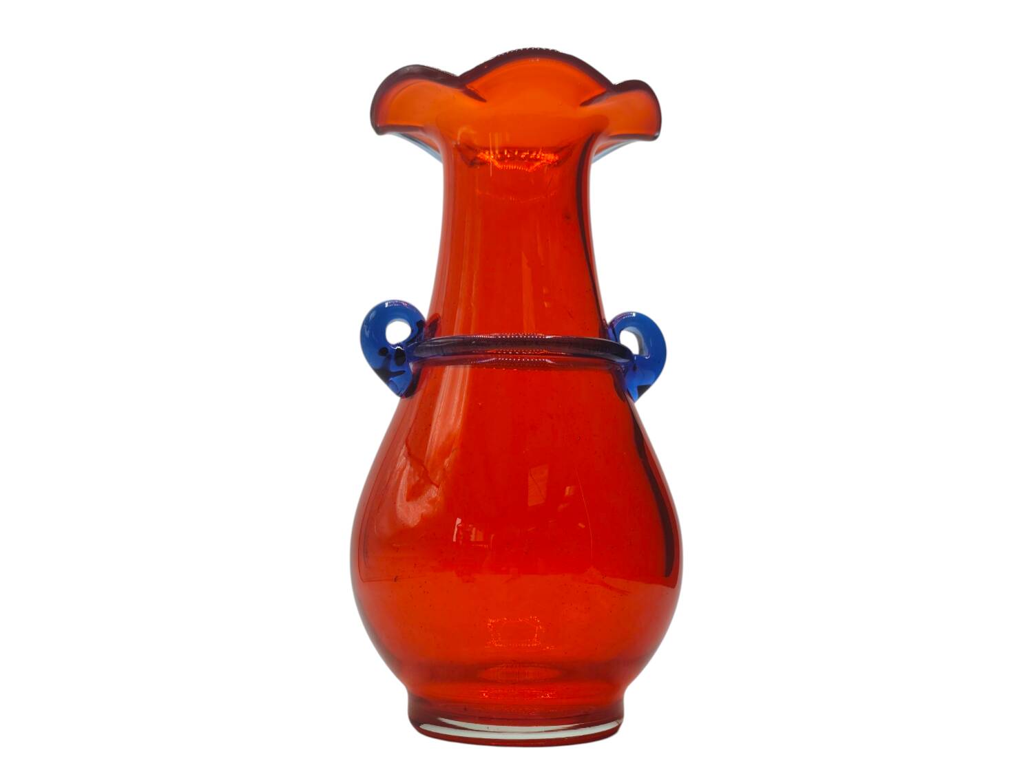 Vintage Murano Hand-Blown Glass Vase – Red with Blue Handles