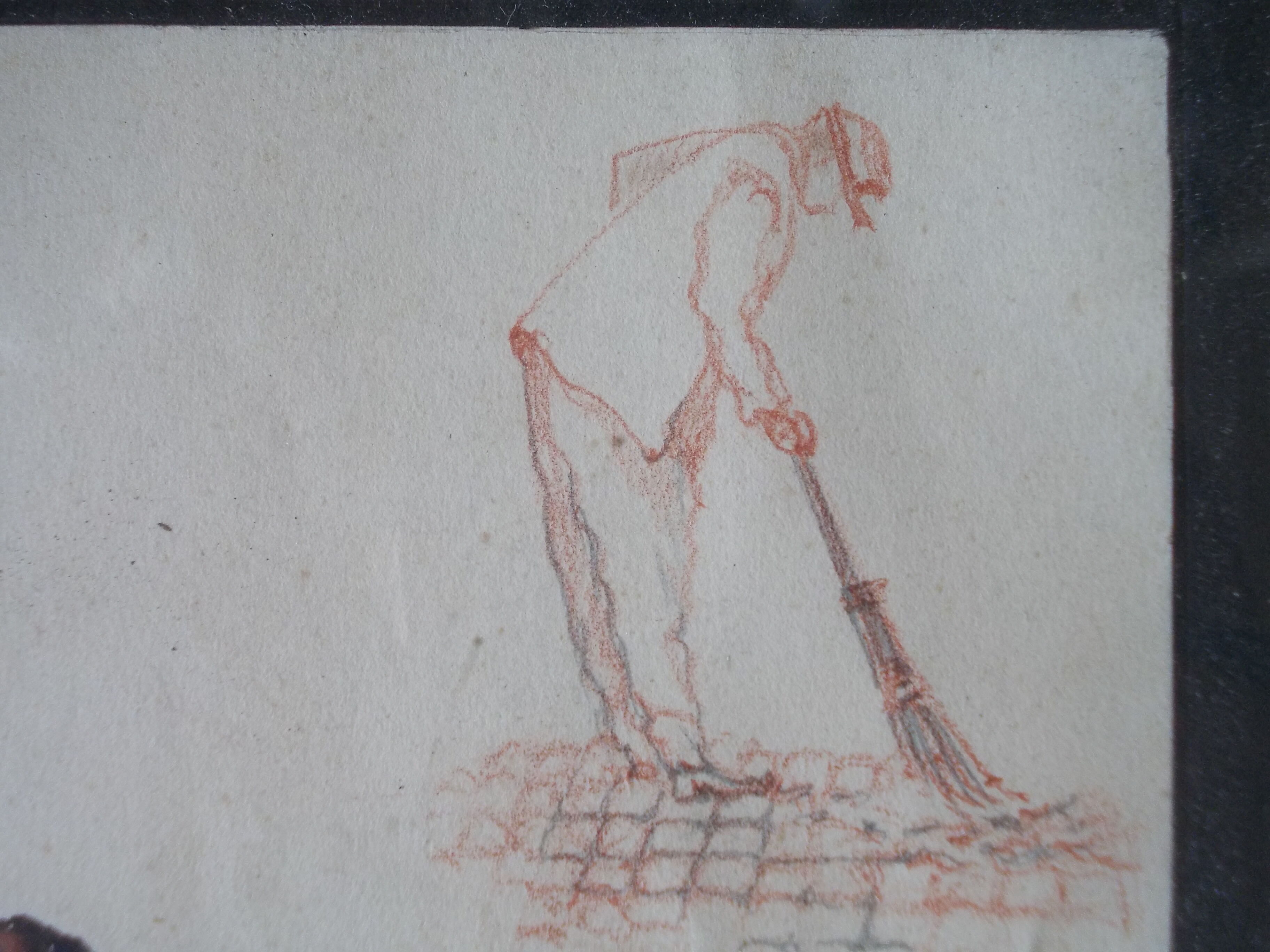Poilu assis lisant et soldat au balai, képi rouge, dessin aquarelle, 1914