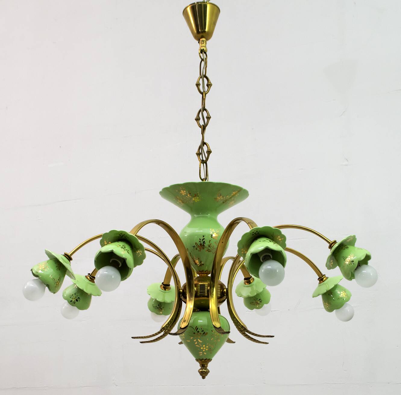 Neoclassical Style 8-Iight Italian Porcelain and Brass Chandelier, 1960s