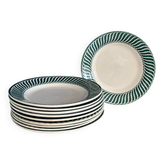 Set of 10 flat plates from Digoin vintage earthenware, white and green, old Gien crockery, Jacquot model, green stripes