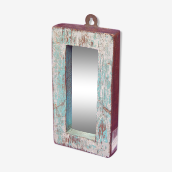 Miroir mural mini deco ancien teck patine bleue 8x15cm