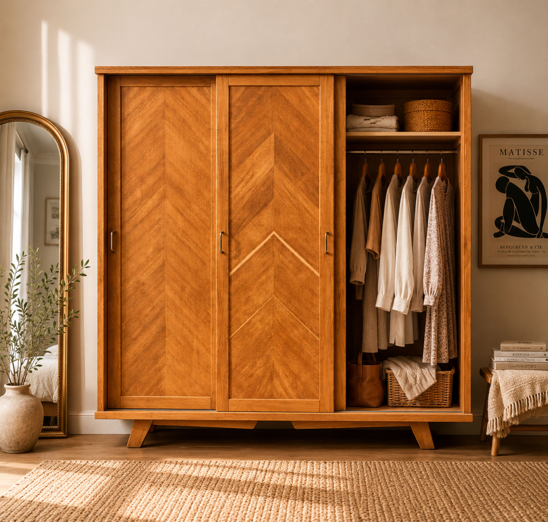 Parisian wardrobe with sliding doors, solid raw oak, 1960.