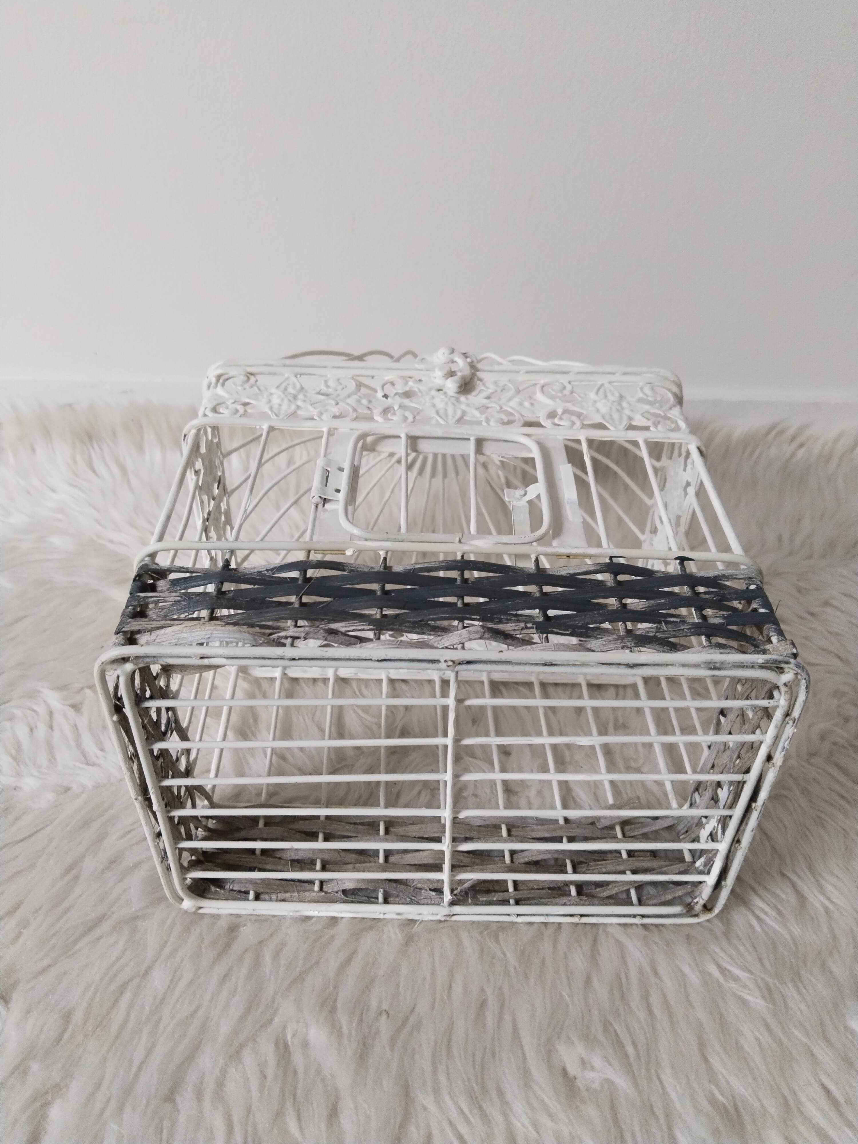 Cage for metal decoration, white patina and rattan, wedding decoration, aviary